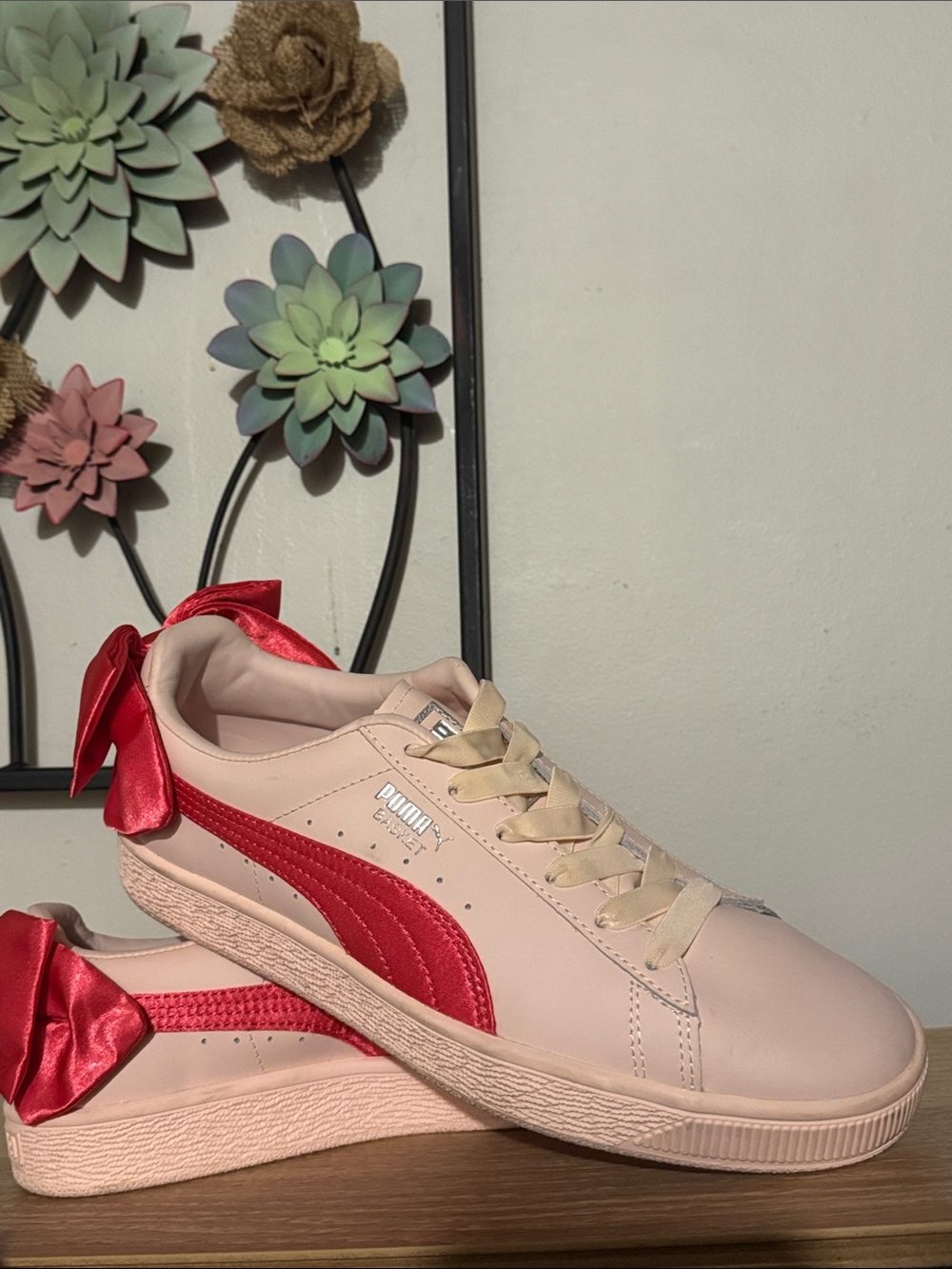 Puma Women's Pink Sneakers with Red Formstrip and Satin Bow